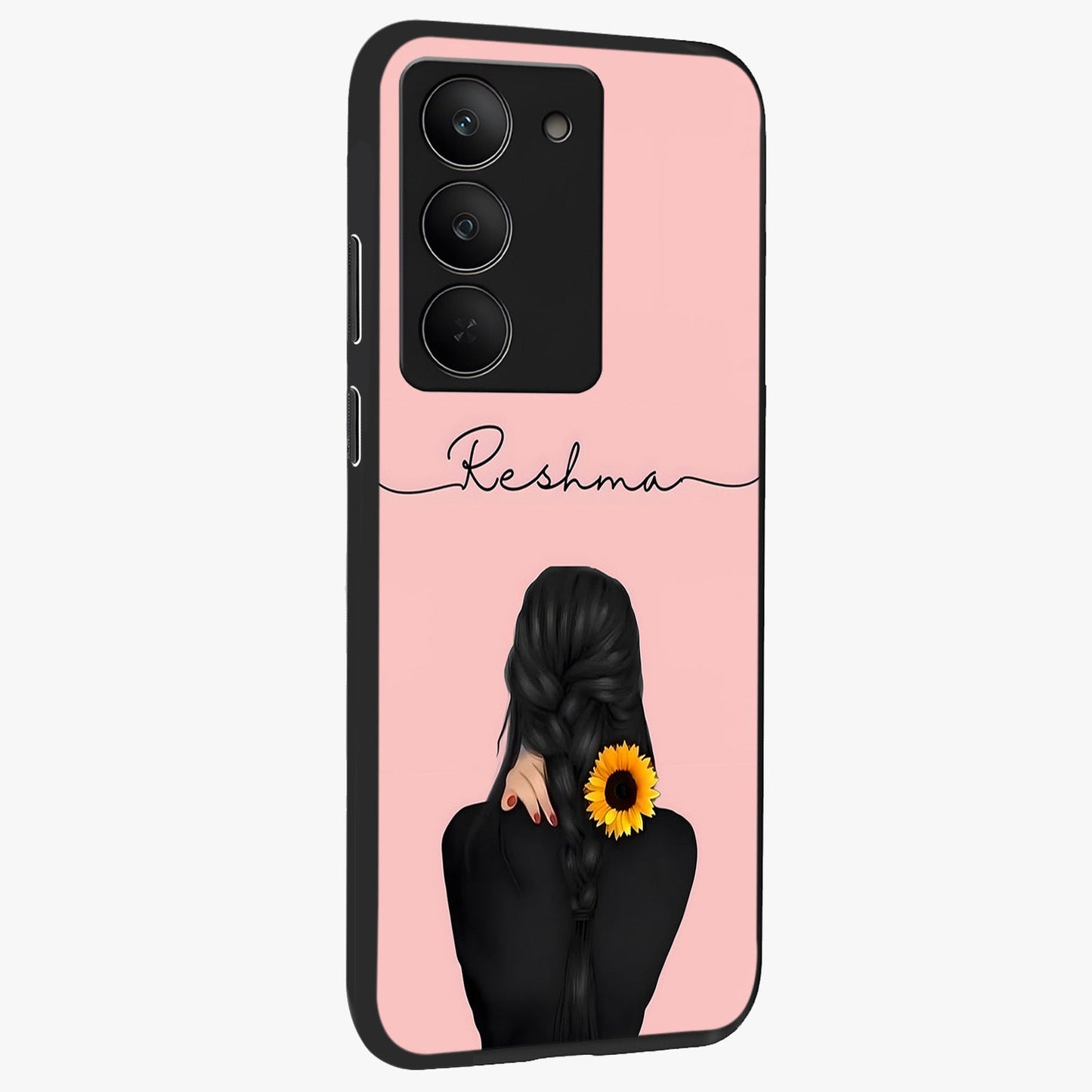Sunflower Braid Beauty With Custom Name Glass Case upright view showcasing bright sunflower artwork with personalized floral aesthetic.