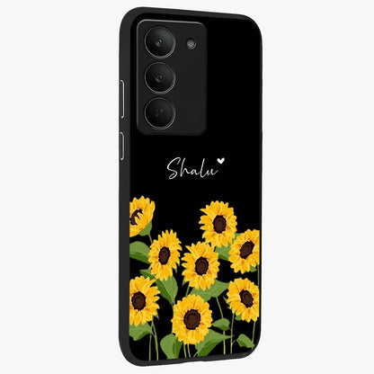 Sunflower Chic Mood Custom Name Glass Case upright view showcasing cheerful sunflower artwork with trendy floral theme.