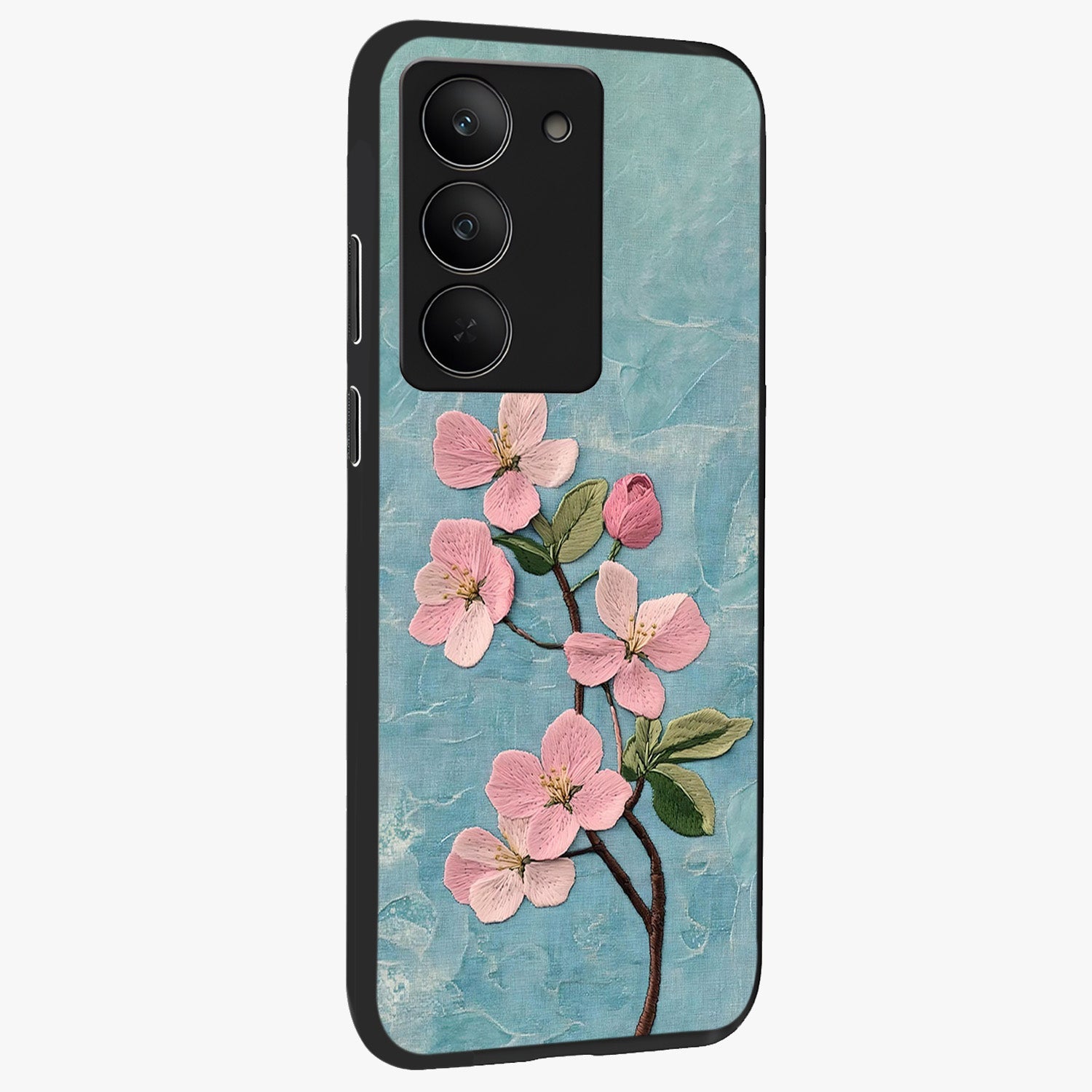 Threaded Blossom Breeze Glass Case upright view showcasing graceful flower artwork with calm botanical theme.