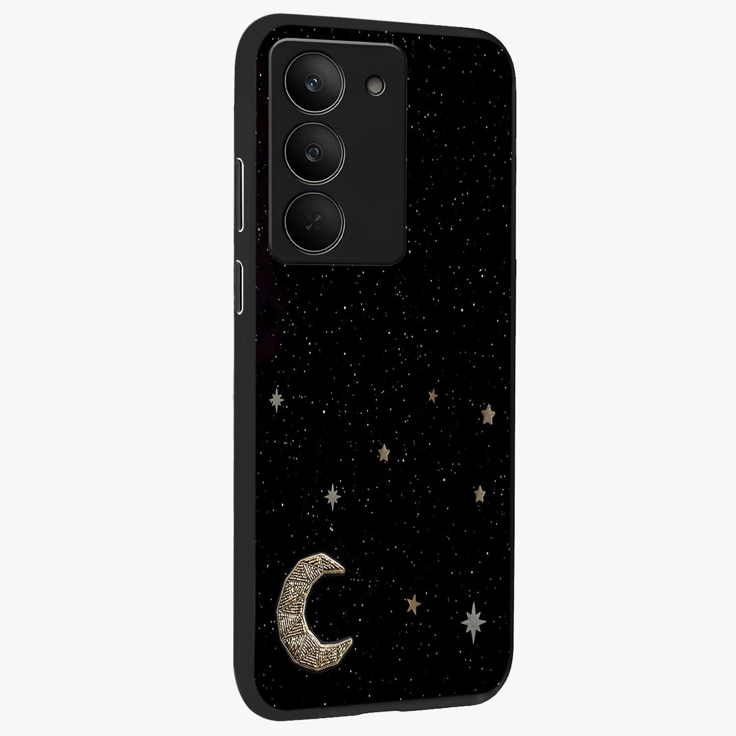 Twinkle Star With Half Moon Glass Case upright view showcasing glowing cosmic artwork with dreamy night theme.