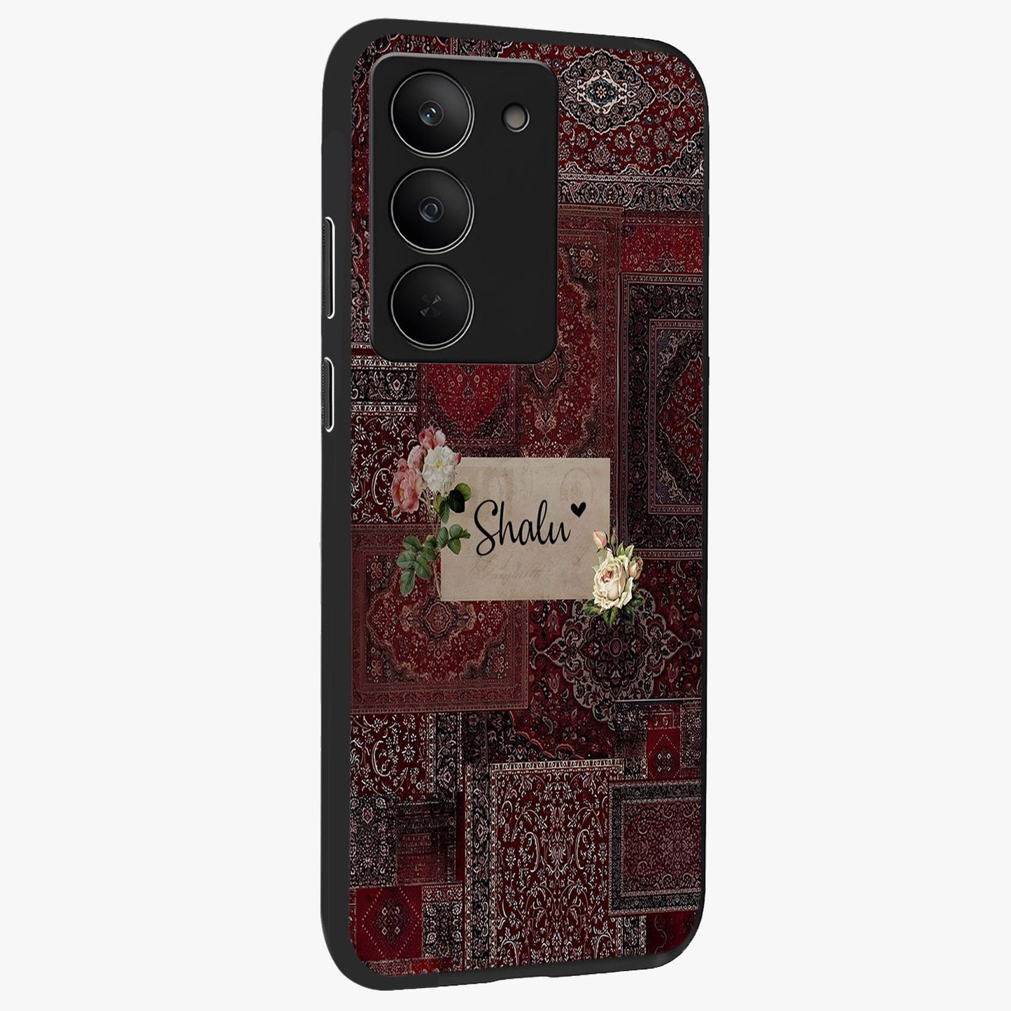 Velvet Wine Pattern Custom Name Glass Case upright view showcasing luxurious wine toned artwork with personalized aesthetic.