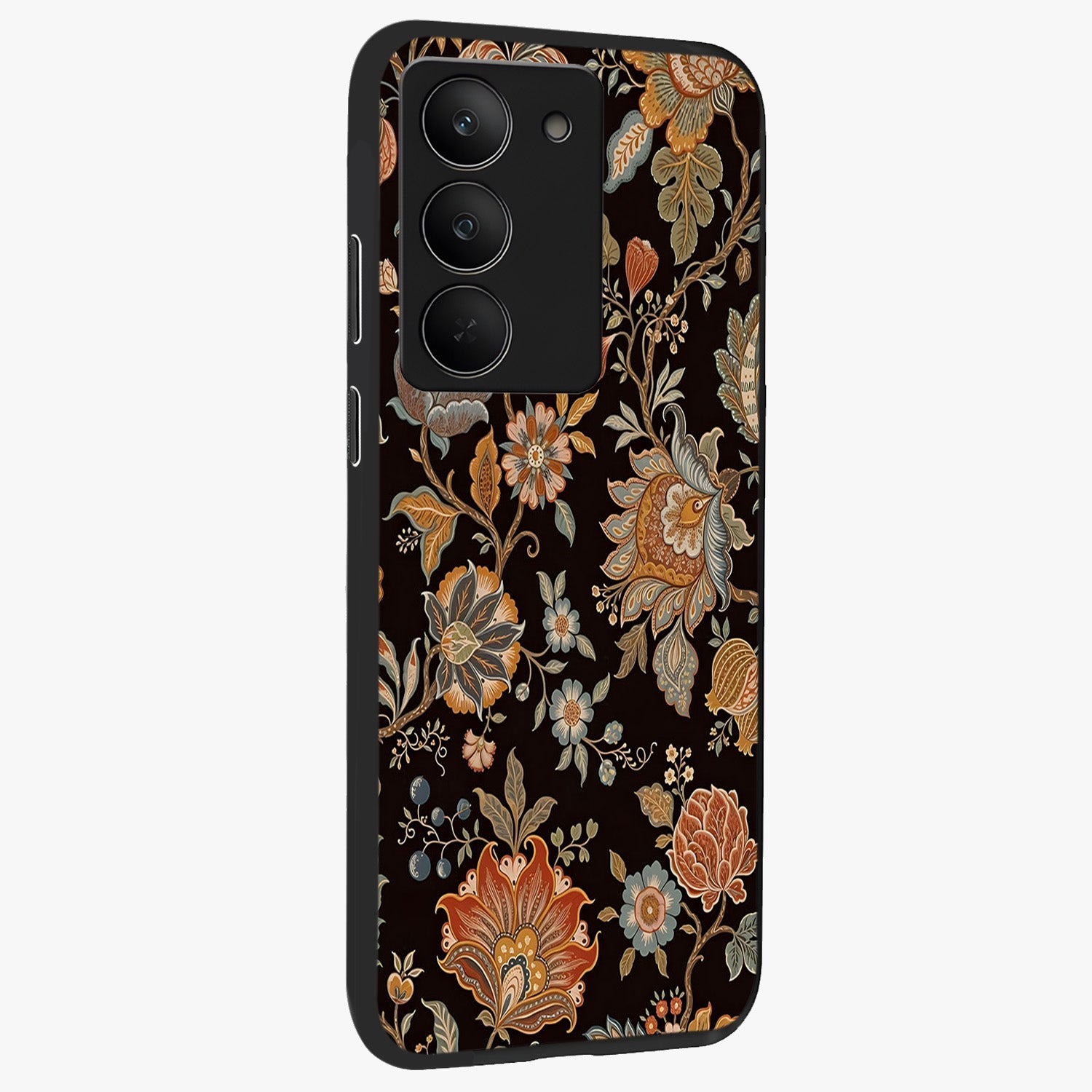 Vintage Floral Dream Glass Case upright view showcasing delicate floral artwork with timeless vintage theme.
