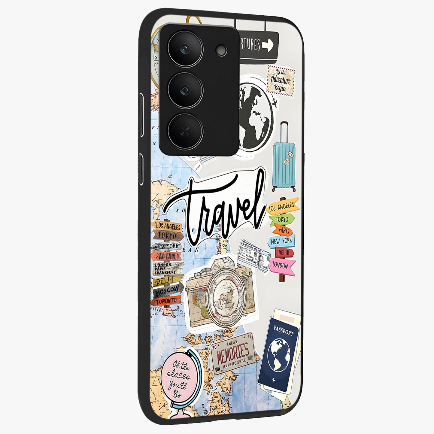 Wanderlust Journal Glass Case upright view showcasing wanderlust inspired artwork with creative exploration theme.