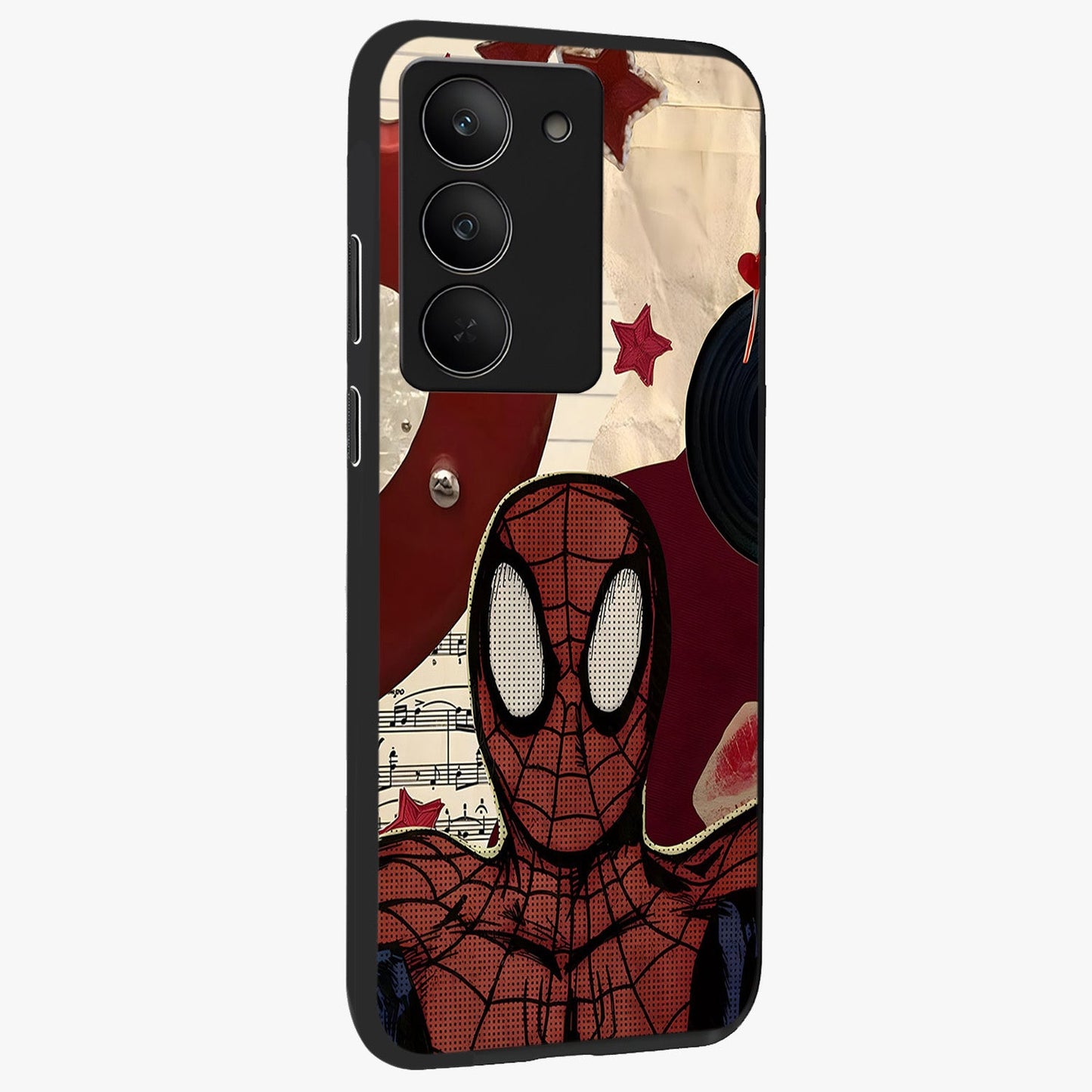 Web Warrior Vibes Glass Case upright view showcasing energetic superhero artwork with bold action theme.