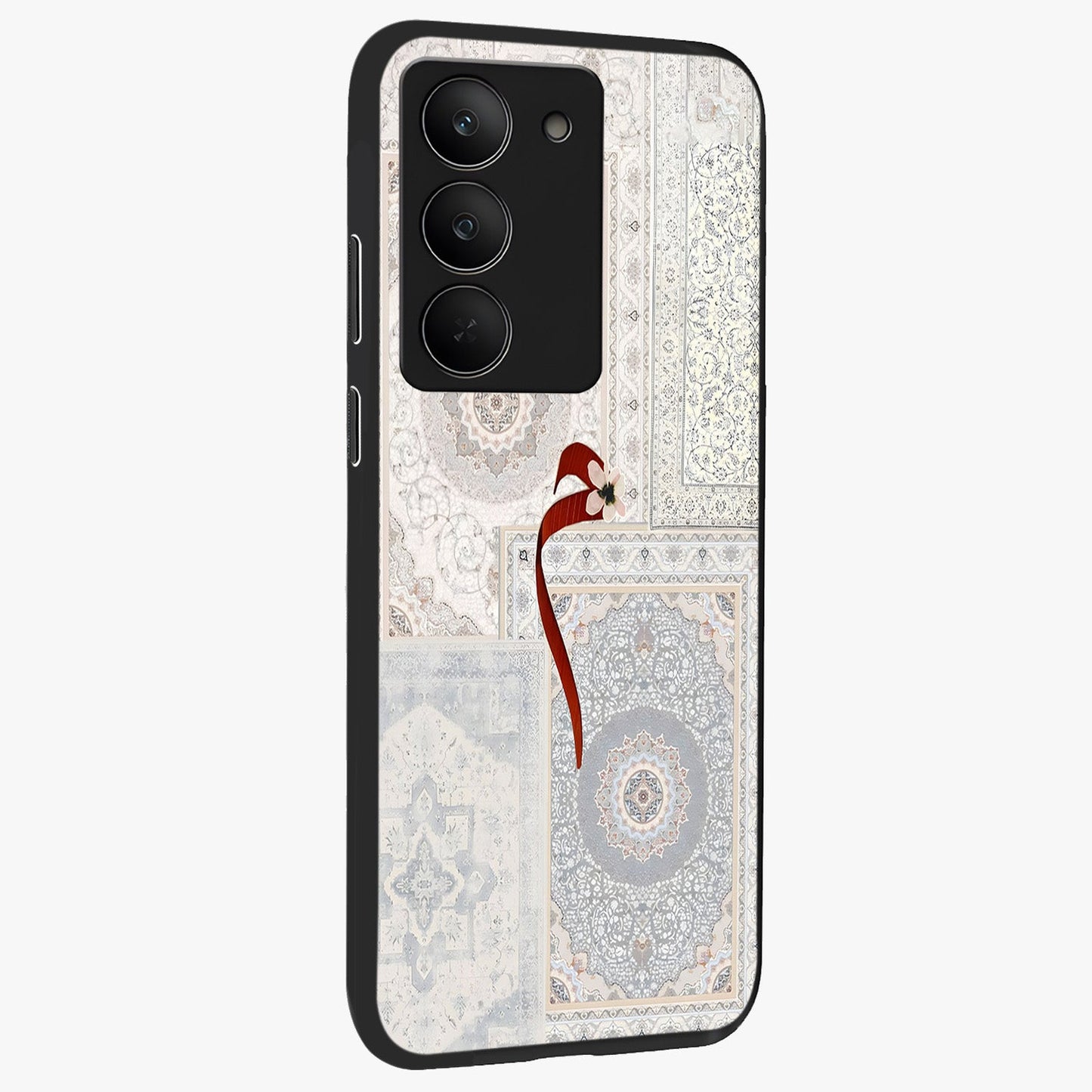 White Aesthetic Bow Glass Case upright view showcasing delicate ribbon bow artwork with cute minimalist theme.