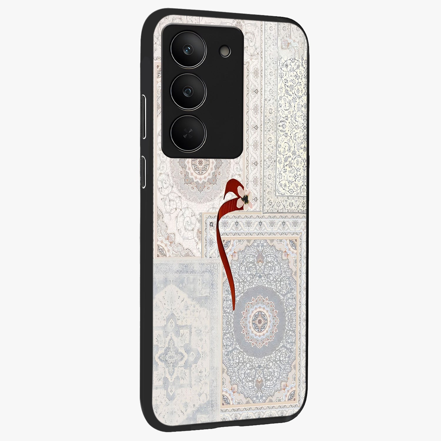 White Aesthetic Bow Glass Case upright view showcasing delicate ribbon bow artwork with cute minimalist theme.