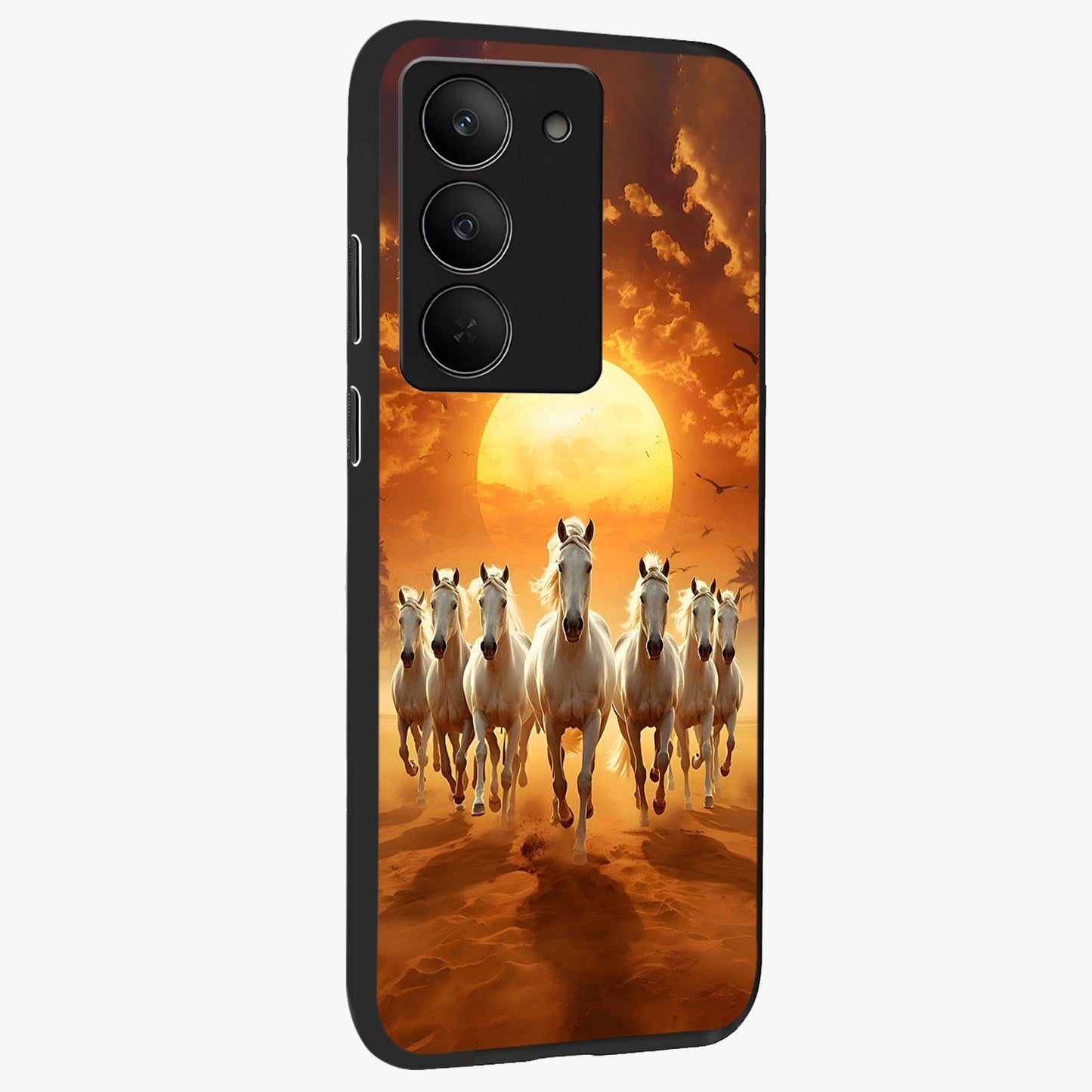 Wild Sunset Majesty Glass Case upright view showcasing dramatic sunset artwork with bold nature theme.