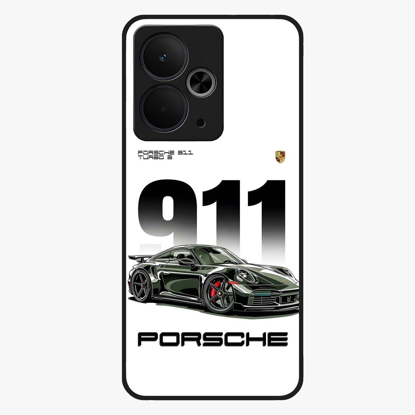 911 Turbo Dominance Glass Case showing clean flat back view with bold 911 sports car artwork and glossy glass finish.