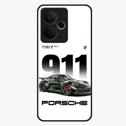 911 Turbo Dominance Glass Case showing clean flat back view with bold 911 sports car artwork and glossy glass finish.