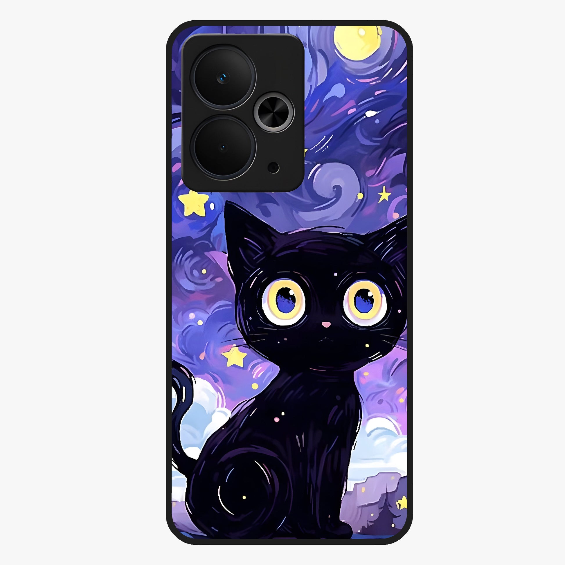 Abstract Cat Art Glass Case showing flat back view with artistic cat illustration and glossy glass finish.