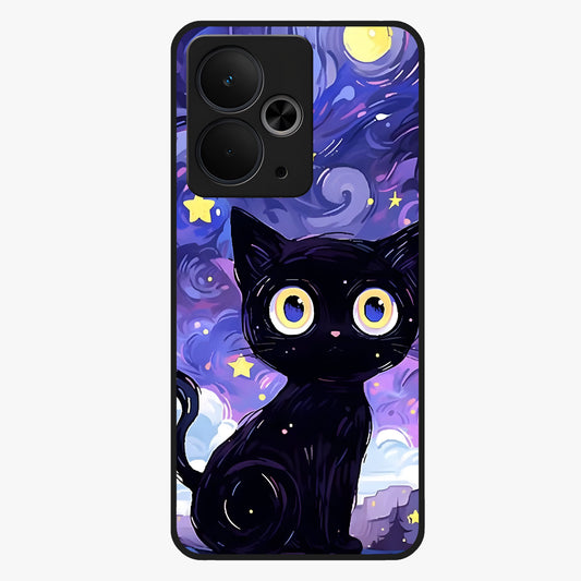 Abstract Cat Art Glass Case showing flat back view with artistic cat illustration and glossy glass finish.