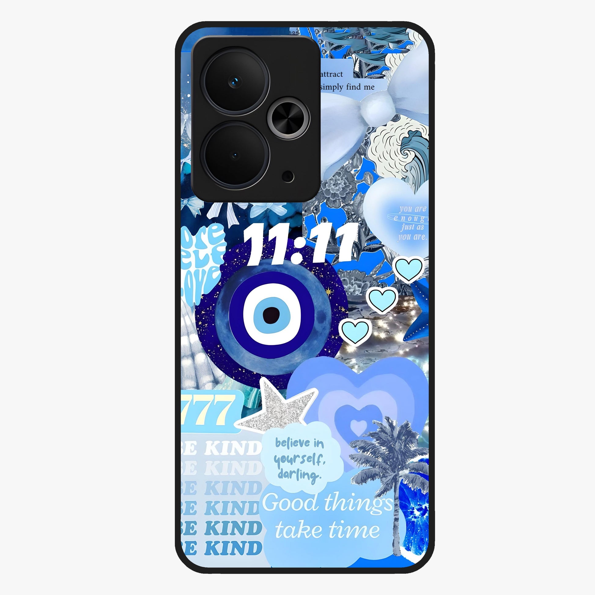 Aesthetic Be Kind Eye Glass Case showing flat back view with motivational eye artwork and glossy glass finish.