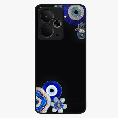 Aesthetic Blue Evil Eye Glass Case showing flat back view with protective evil eye artwork and glossy glass finish.