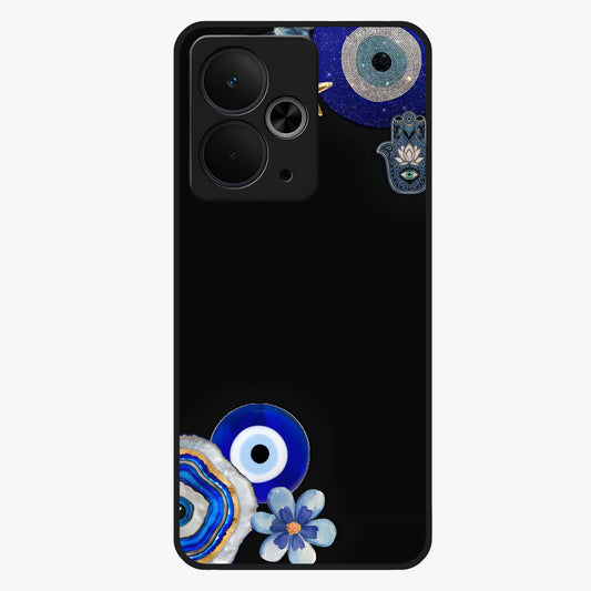 Aesthetic Blue Evil Eye Glass Case showing flat back view with protective evil eye artwork and glossy glass finish.
