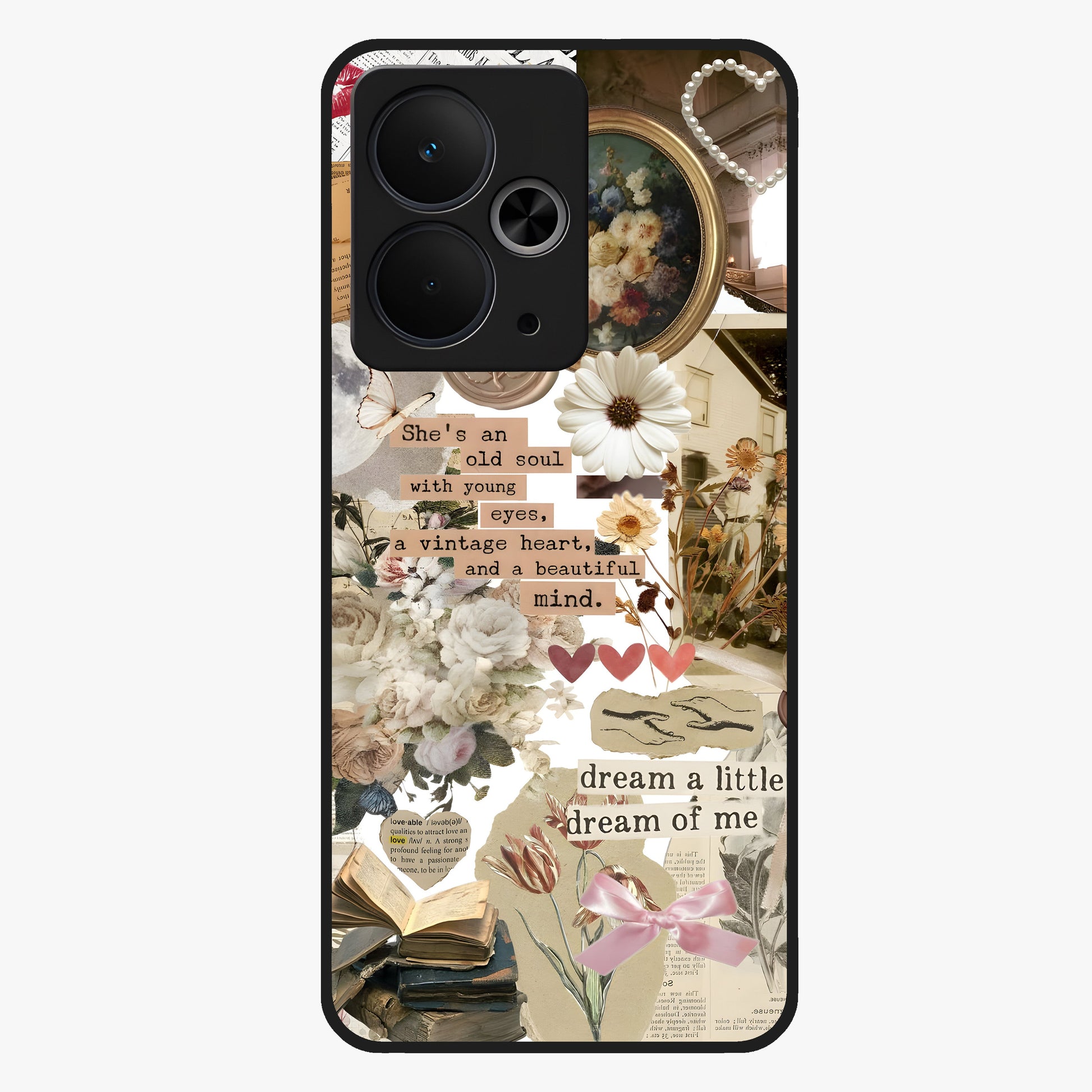 Aesthetic Brown Vintage Collage Glass Case showing flat back view with retro collage artwork and glossy glass finish.