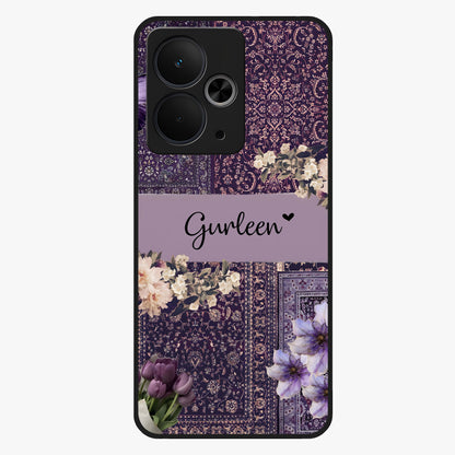 Antique Floral Whisper Custom Name Glass Case showing flat back view with vintage floral artwork and personalized name design.