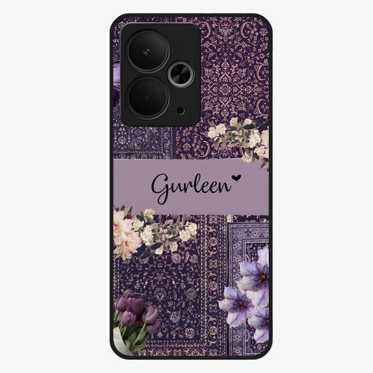 Antique Floral Whisper Custom Name Glass Case showing flat back view with vintage floral artwork and personalized name design.