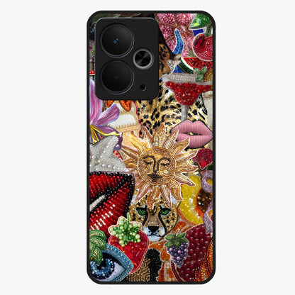 Beaded Fashion Jungle Glass Case showing flat back view with vibrant jungle inspired bead artwork and glossy glass finish.