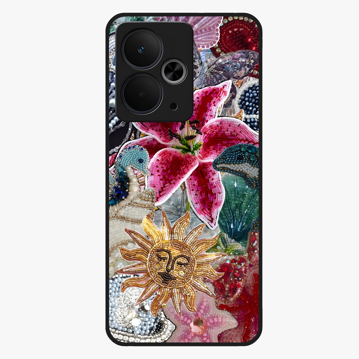 Beaded Garden Fantasy Glass Case showing flat back view with dreamy garden bead artwork and glossy glass finish.