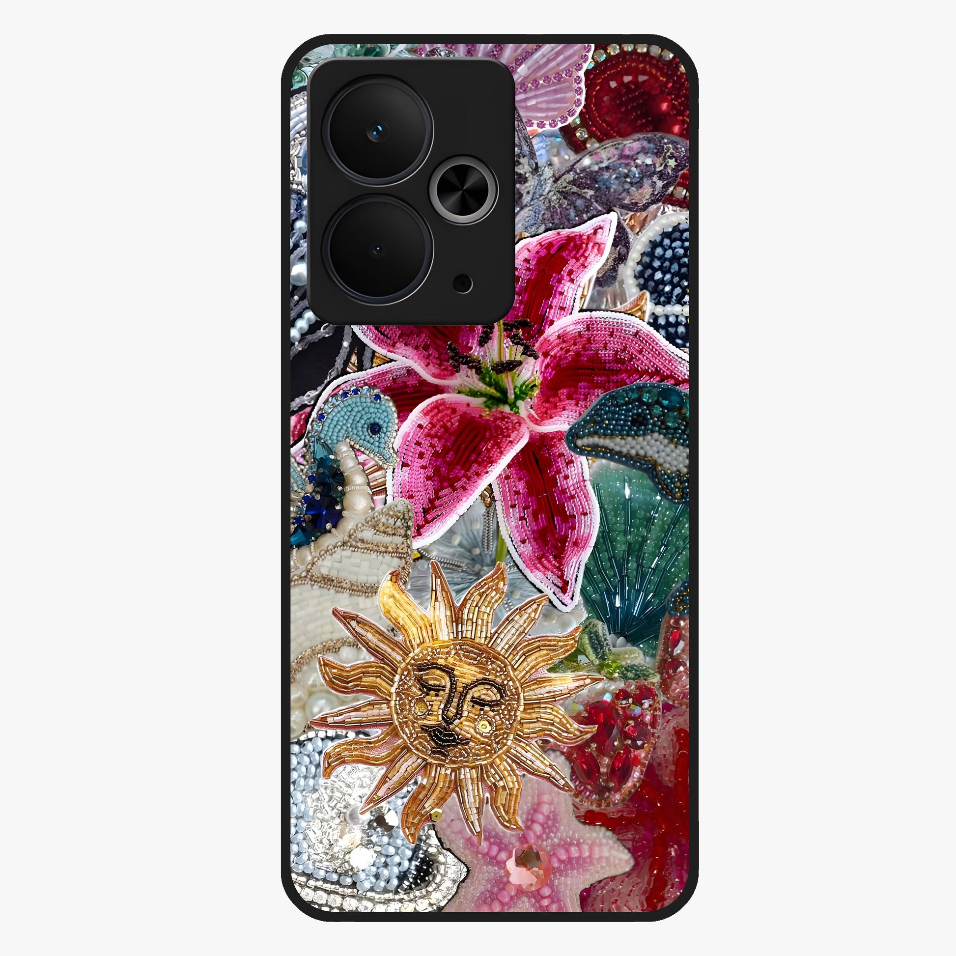 Beaded Garden Fantasy Glass Case showing flat back view with dreamy garden bead artwork and glossy glass finish.