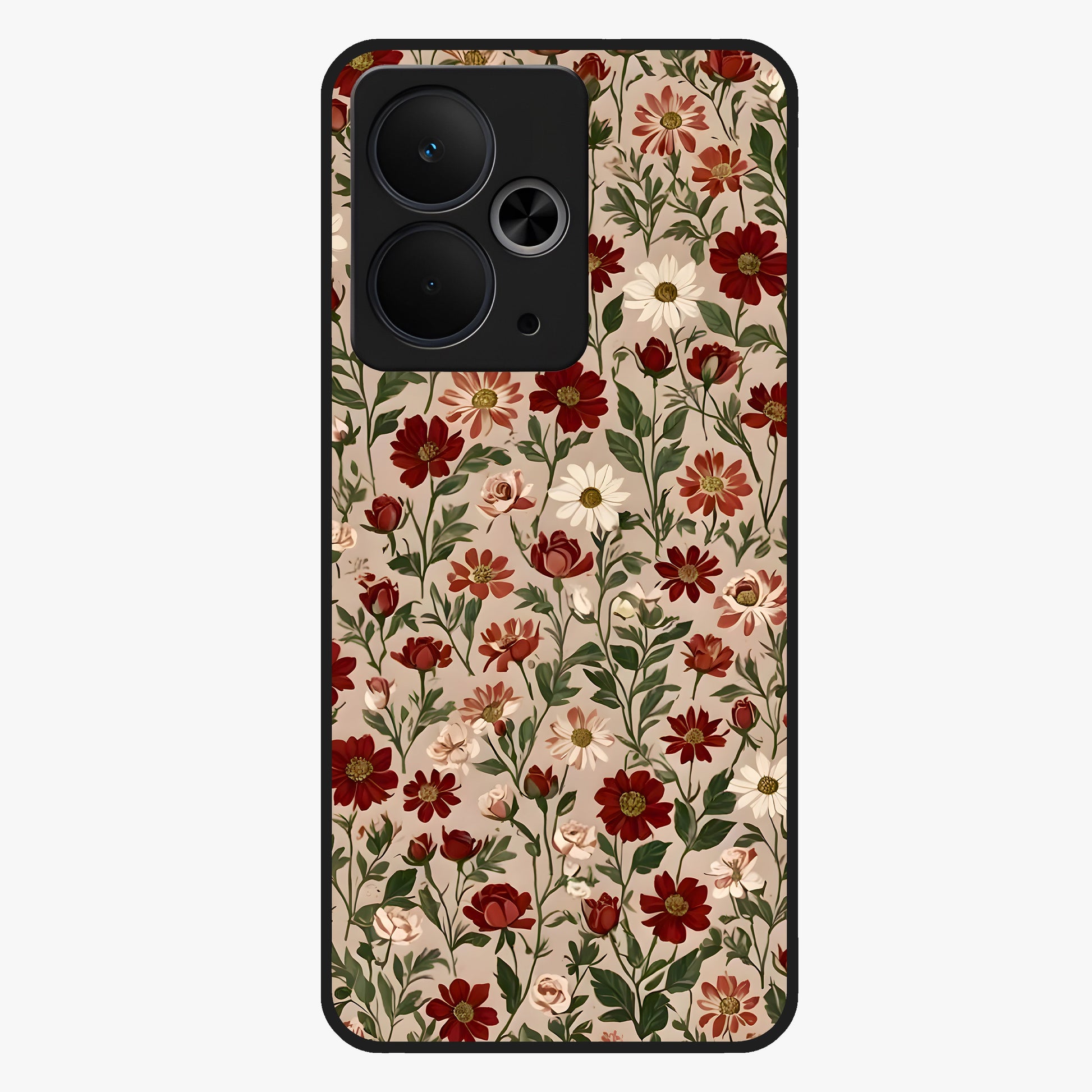 Biege Flower With Leaf Glass Case showing flat back view with soft beige floral artwork and glossy glass finish.