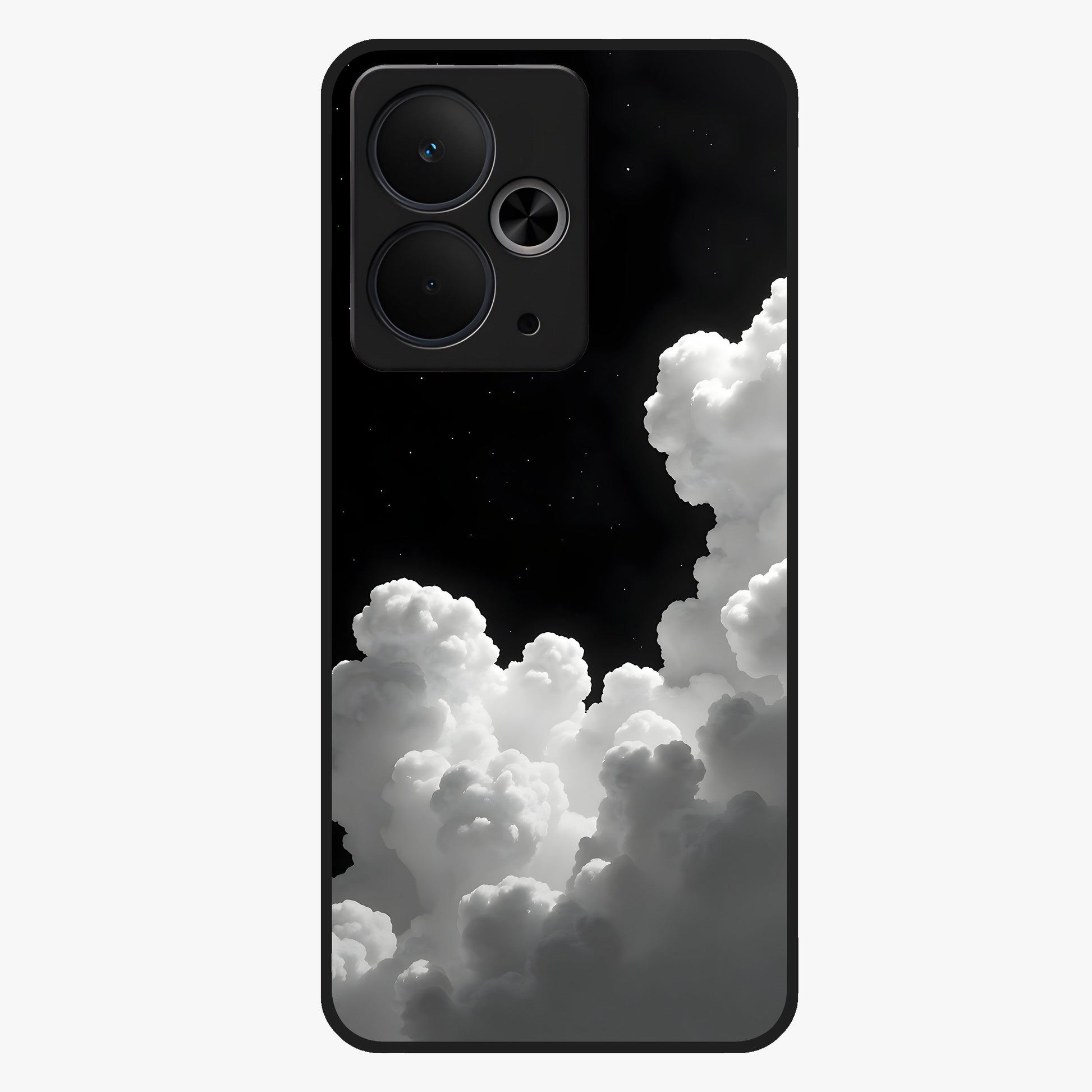 Black Background With White Cloud Glass Case showing flat back view with minimal cloud artwork on dark background and glossy glass finish.