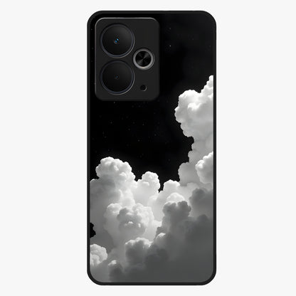 Black Background With White Cloud Glass Case showing flat back view with minimal cloud artwork on dark background and glossy glass finish.