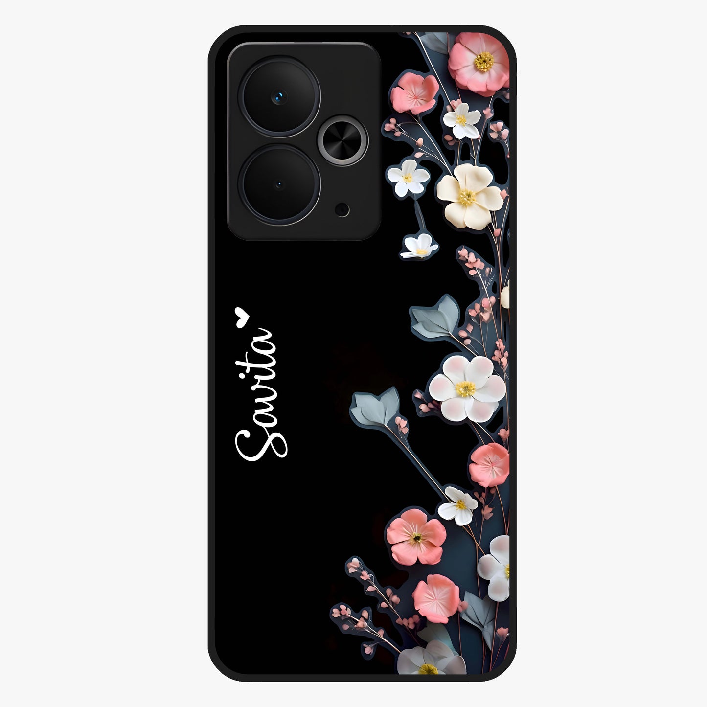 Black Elegance Floral Custom Name Glass Case showing flat back view with elegant floral artwork and personalized name design.