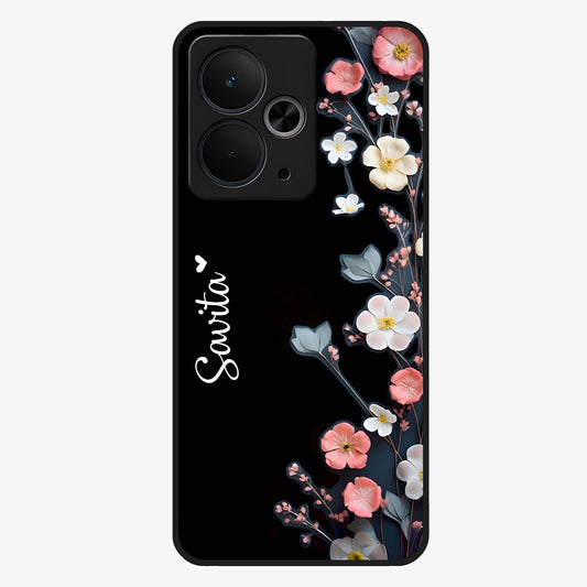Black Elegance Floral Custom Name Glass Case showing flat back view with elegant floral artwork and personalized name design.