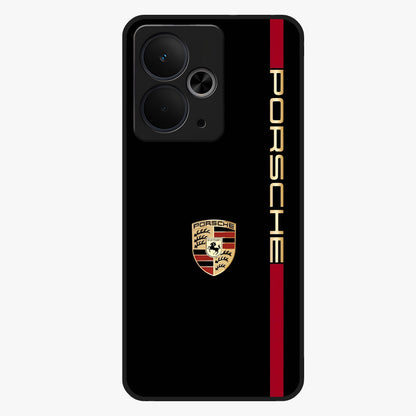 Black Minimal Porsche Glass Case showing flat back view with sleek minimal sports car artwork and glossy glass finish.