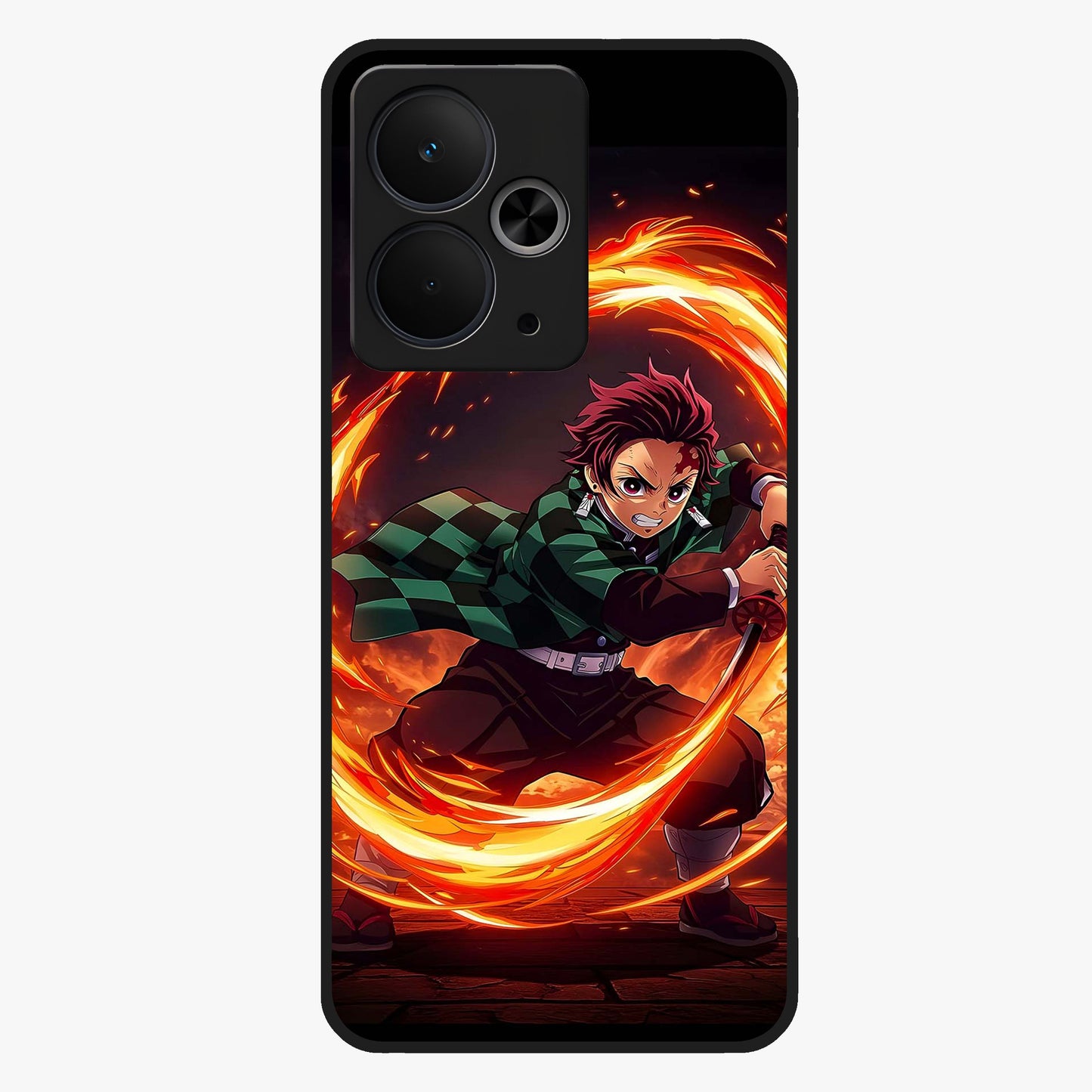 Blazing Sword Resolve Glass Case showing flat back view with fiery sword artwork and glossy glass finish.