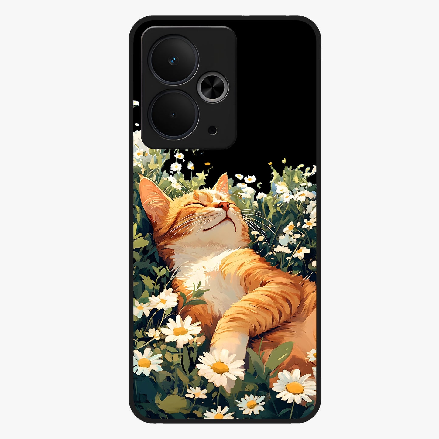Blissful Bloom Cat Glass Case showing flat back view with cute cat and floral bloom artwork and glossy glass finish.