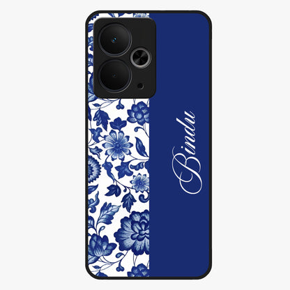 Blue Vintage Floral Pattern Glass Case upright view showcasing timeless floral illustration with vintage inspired style.