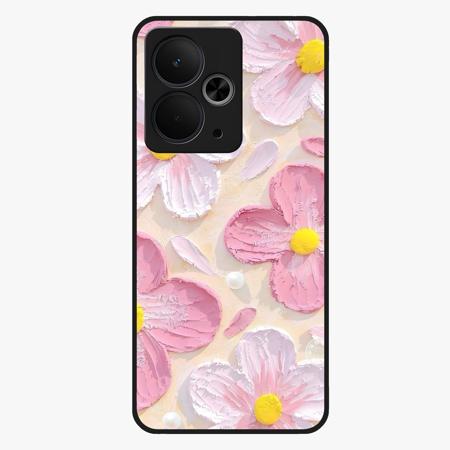 Blush Bloom Texture Glass Case showing flat back view with soft blush floral texture artwork and glossy glass finish.