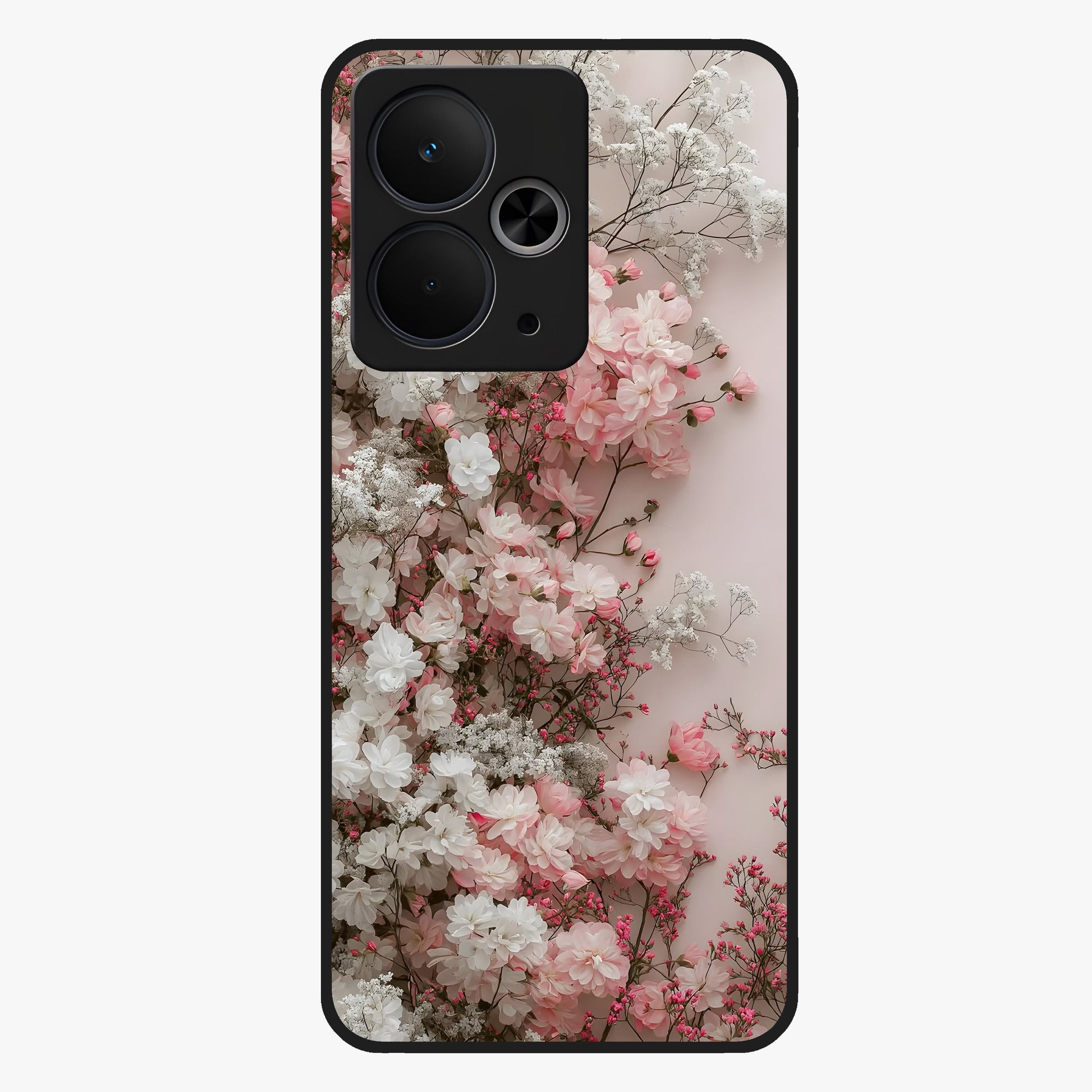Blush Blossom Cloud Glass Case showing flat back view with dreamy blush cloud blossom artwork and glossy glass finish.
