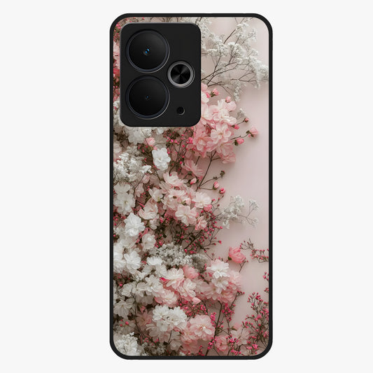 Blush Blossom Cloud Glass Case showing flat back view with dreamy blush cloud blossom artwork and glossy glass finish.
