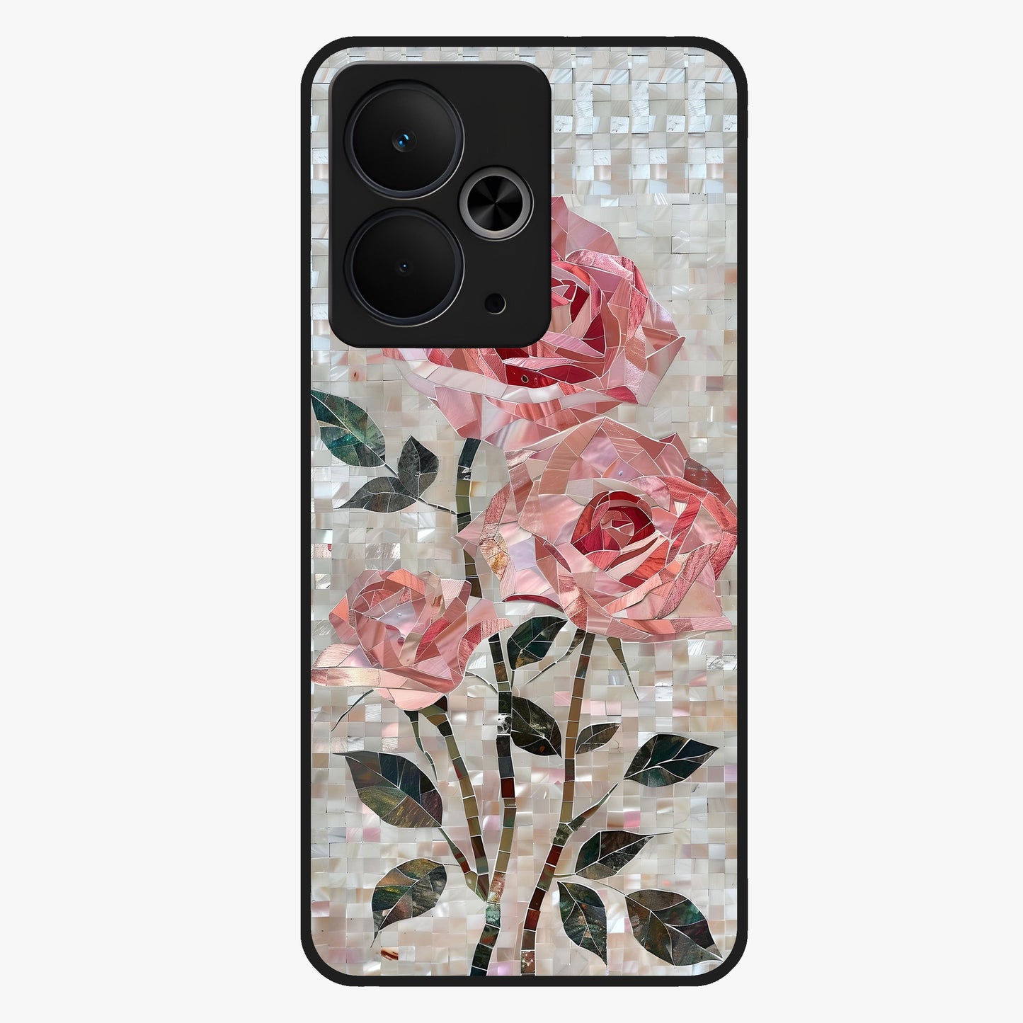 Blush Mosaic Bloom Glass Case showing flat back view with mosaic floral bloom artwork and glossy glass finish.