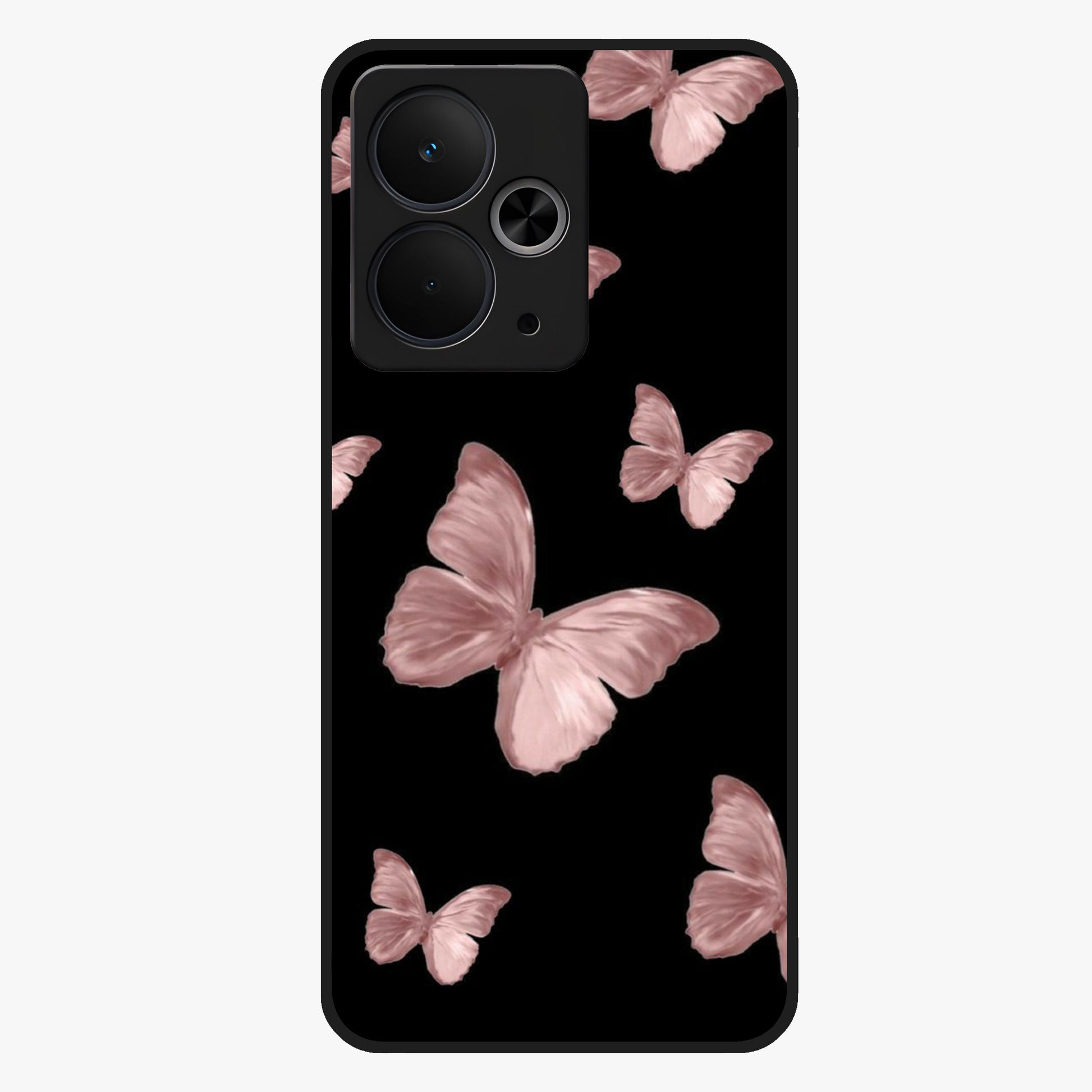 Butterfly Pattern Glass Case showing flat back view with elegant butterfly pattern artwork and glossy glass finish.