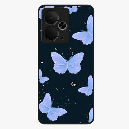 Butterfly With Stars Pattern Glass Case showing flat back view with butterfly and star pattern artwork and glossy glass finish.