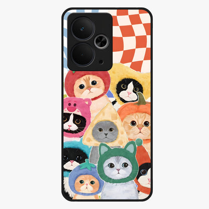 Cats in Fruits Glass Case showing flat back view with playful cat illustrations inside fruit artwork and glossy glass finish.