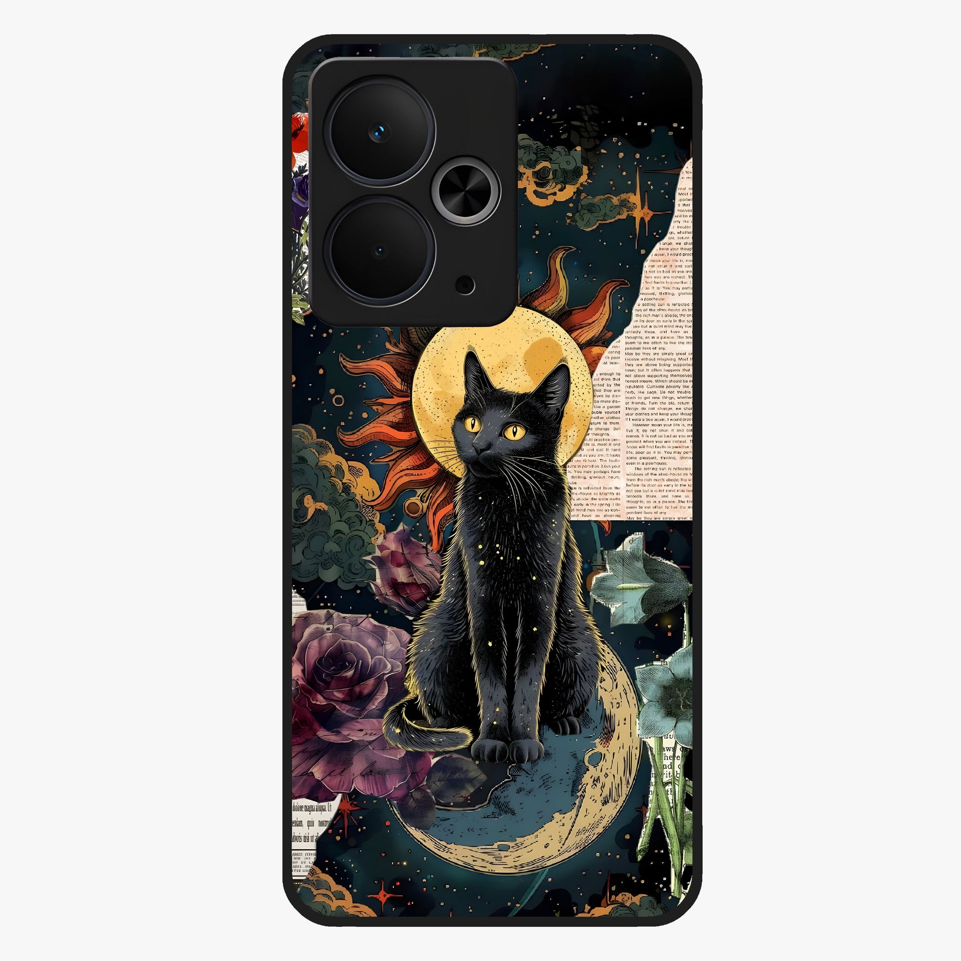 Celestial Black Cat Glass Case showing flat back view with mystical black cat artwork and glossy glass finish.