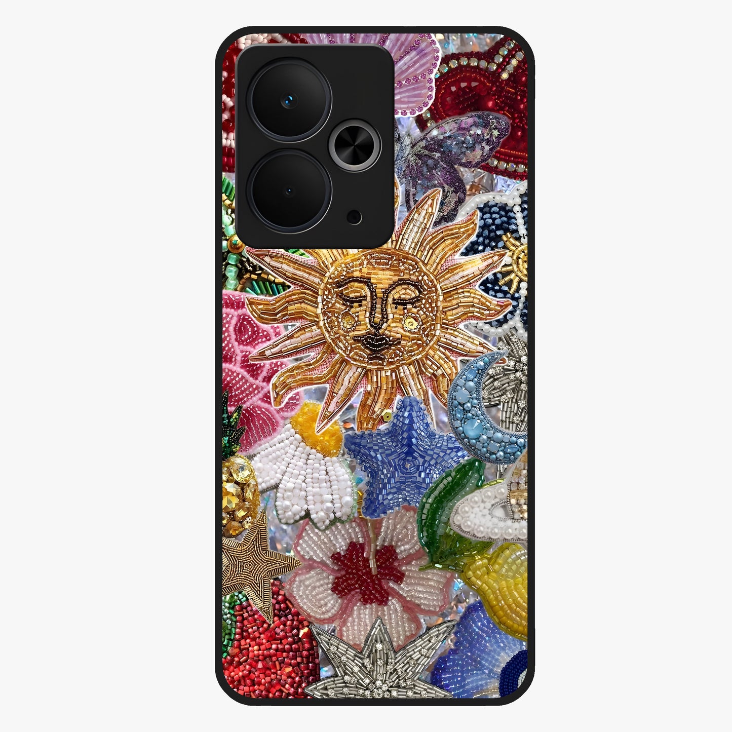Celestial Floral and Playful Glass Case showing flat back view with floral and celestial themed artwork and glossy glass finish.