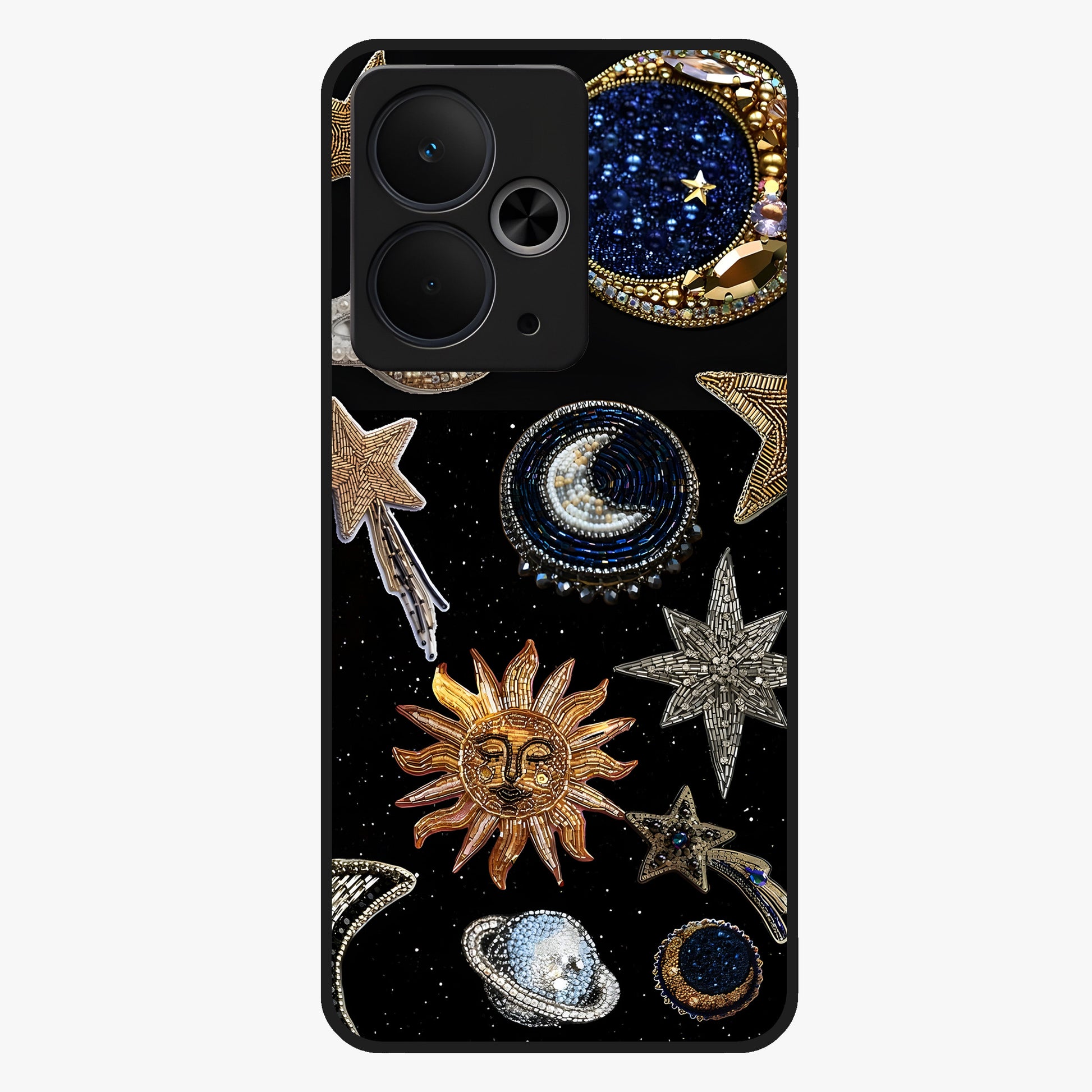 Celestial Gem Constellations Glass Case showing flat back view with sparkling constellation artwork and glossy glass finish.