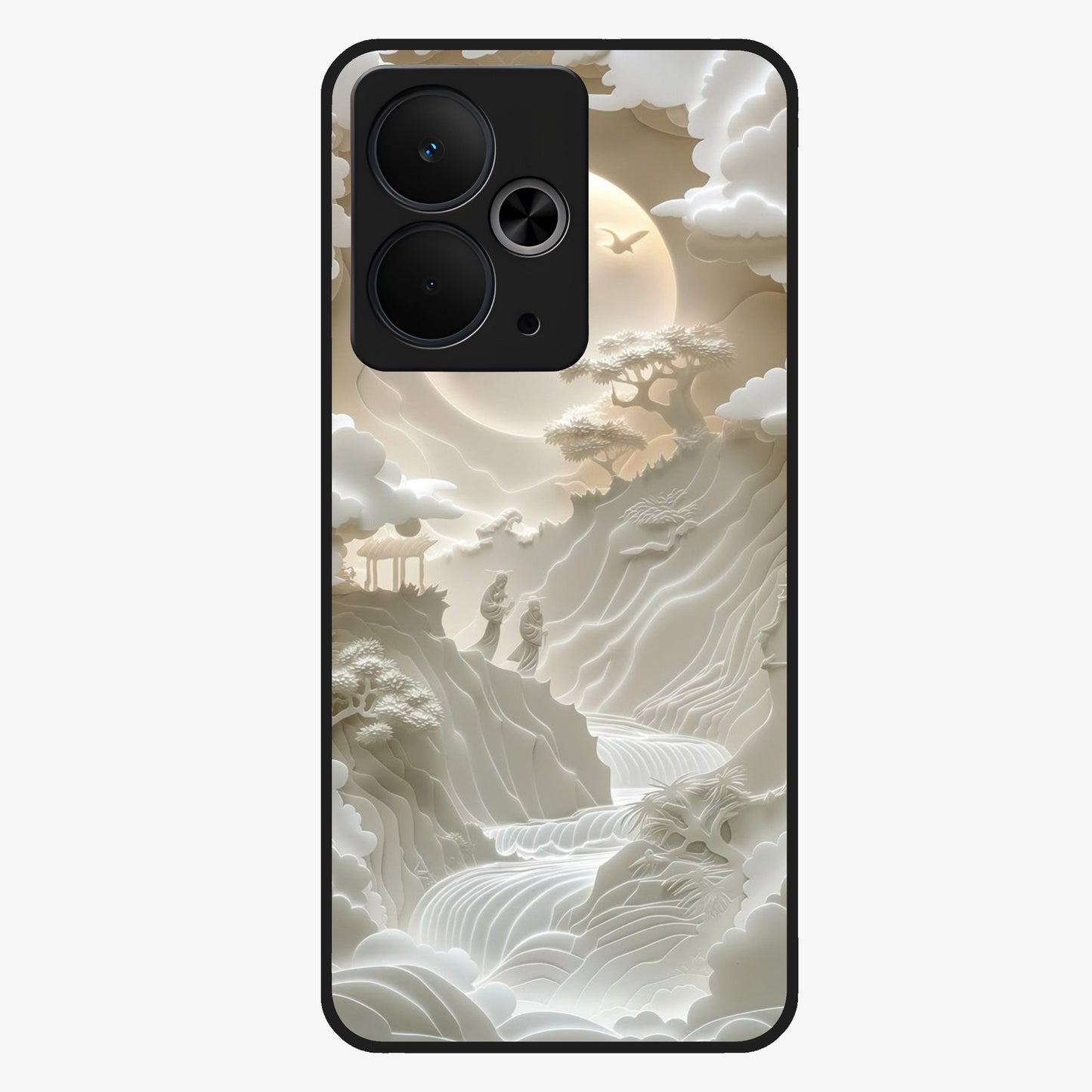 Celestial Origami Glass Case showing flat back view with artistic origami inspired celestial artwork and glossy glass finish.