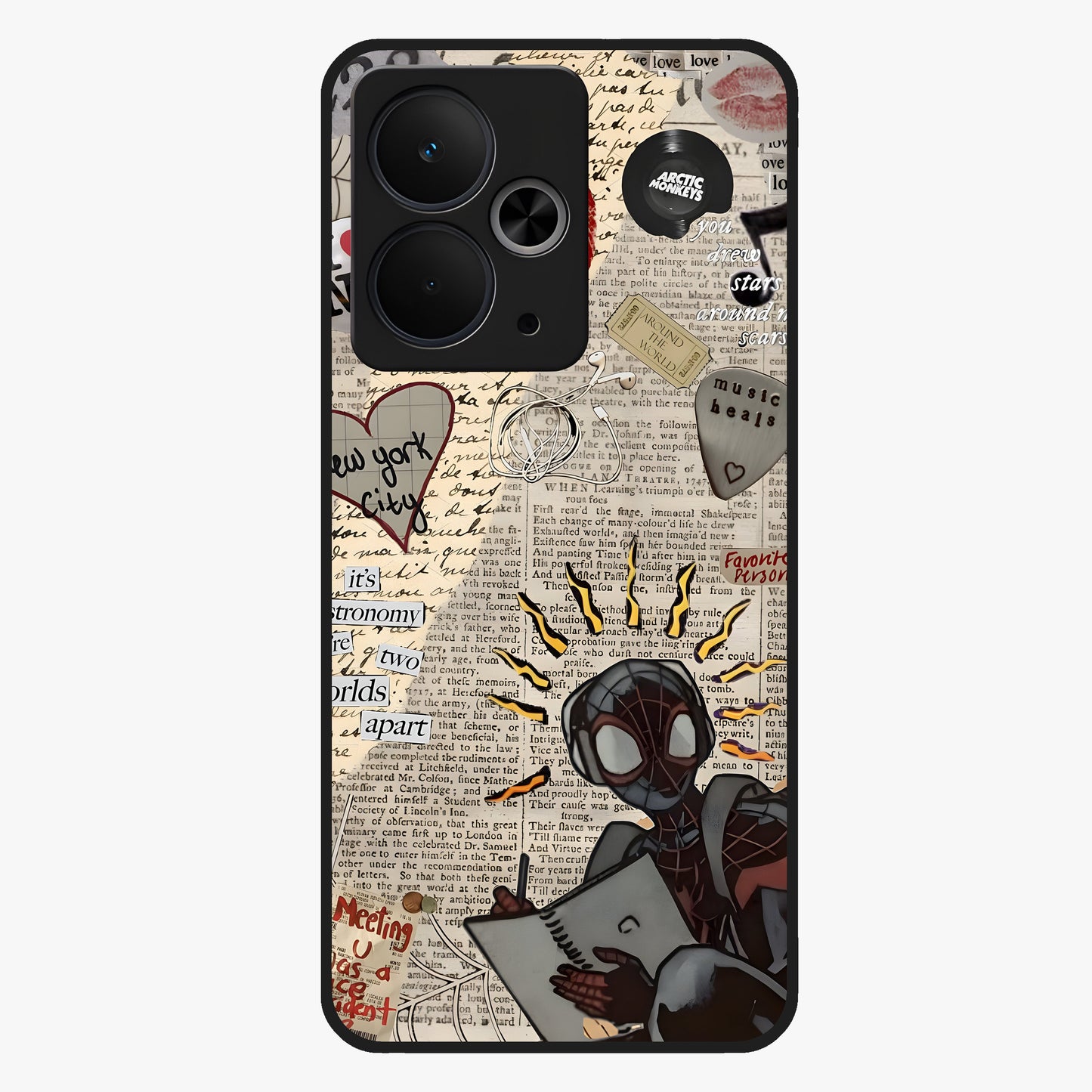 City Dream Sketch Glass Case showing flat back view with artistic city skyline sketch artwork and glossy glass finish.
