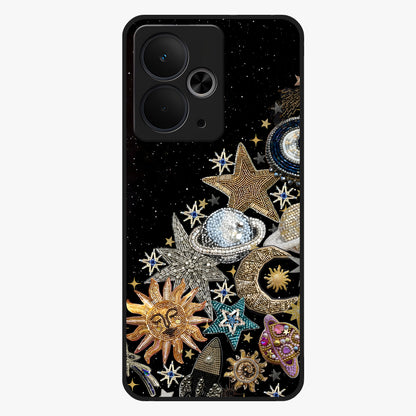 Cosmic Sparkle Dreams Glass Case showing flat back view with sparkling cosmic artwork and glossy glass finish.