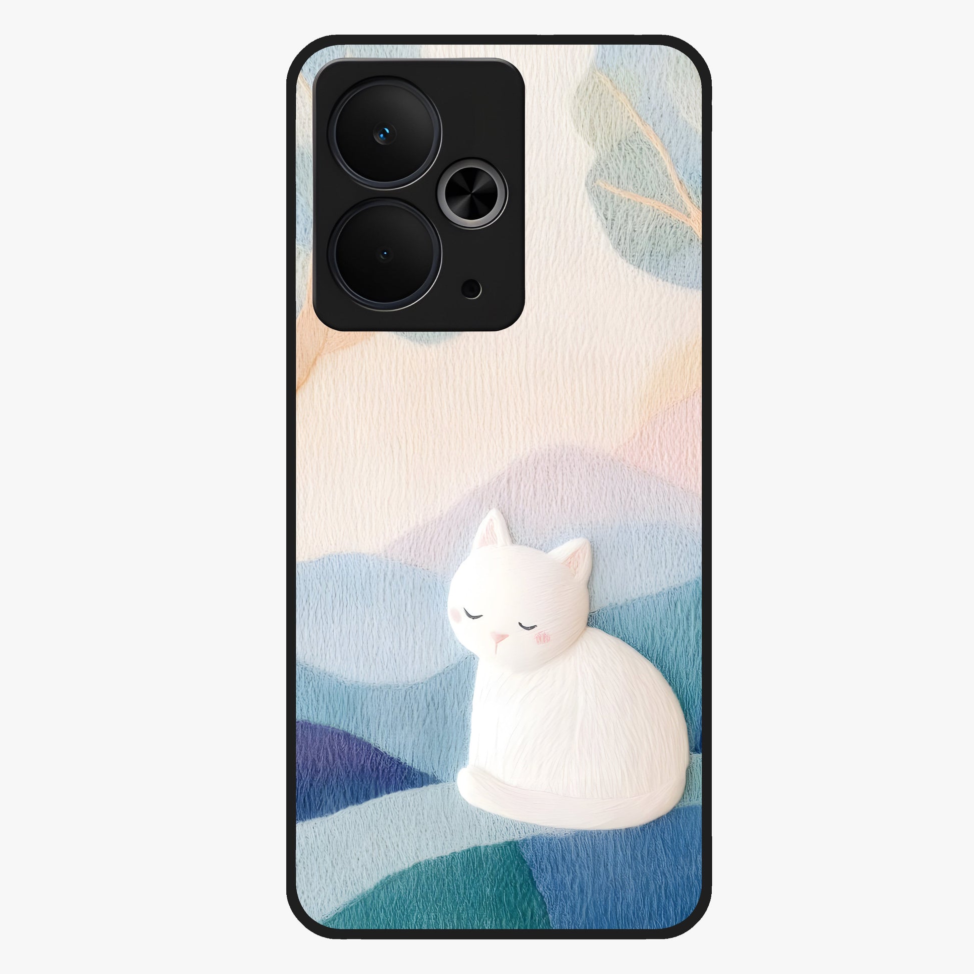 Cotton Dream Cat Glass Case showing flat back view with soft dreamy cat artwork and glossy glass finish.