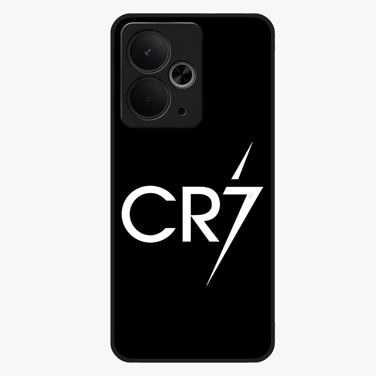 Cr7 Elite Strike Glass Case showing flat back view with dynamic football inspired artwork and glossy glass finish.