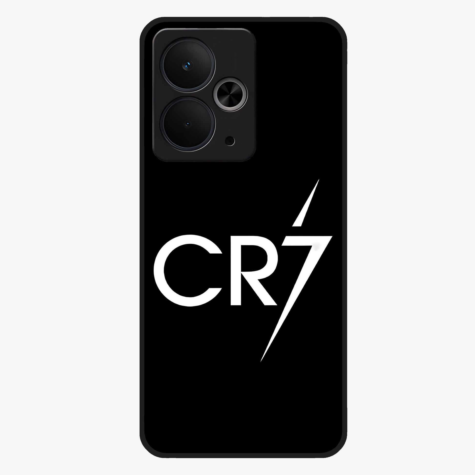 Cr7 Elite Strike Glass Case showing flat back view with dynamic football inspired artwork and glossy glass finish.