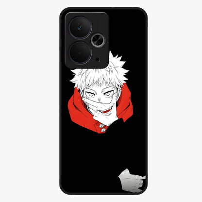 Crimson Chaos Smile Glass Case showing flat back view with bold chaotic smile artwork and glossy glass finish.